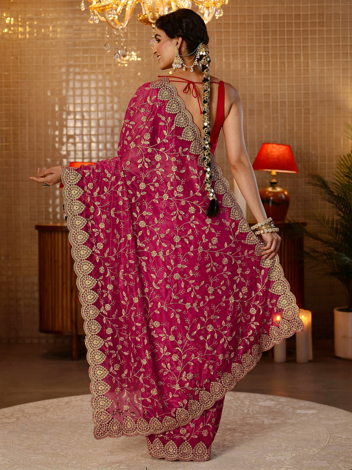 Libas Rani Pink Floral Embroidered Net Saree