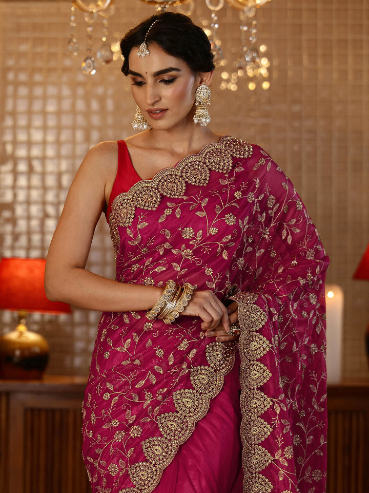 Libas Rani Pink Floral Embroidered Net Saree