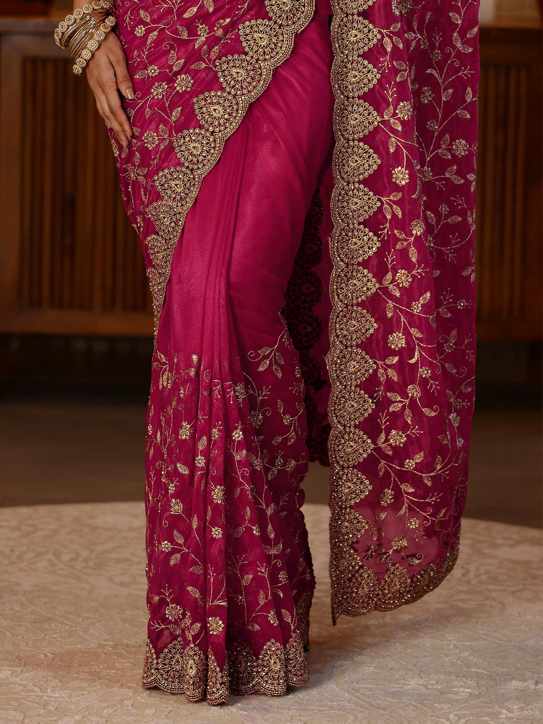 Libas Rani Pink Floral Embroidered Net Saree