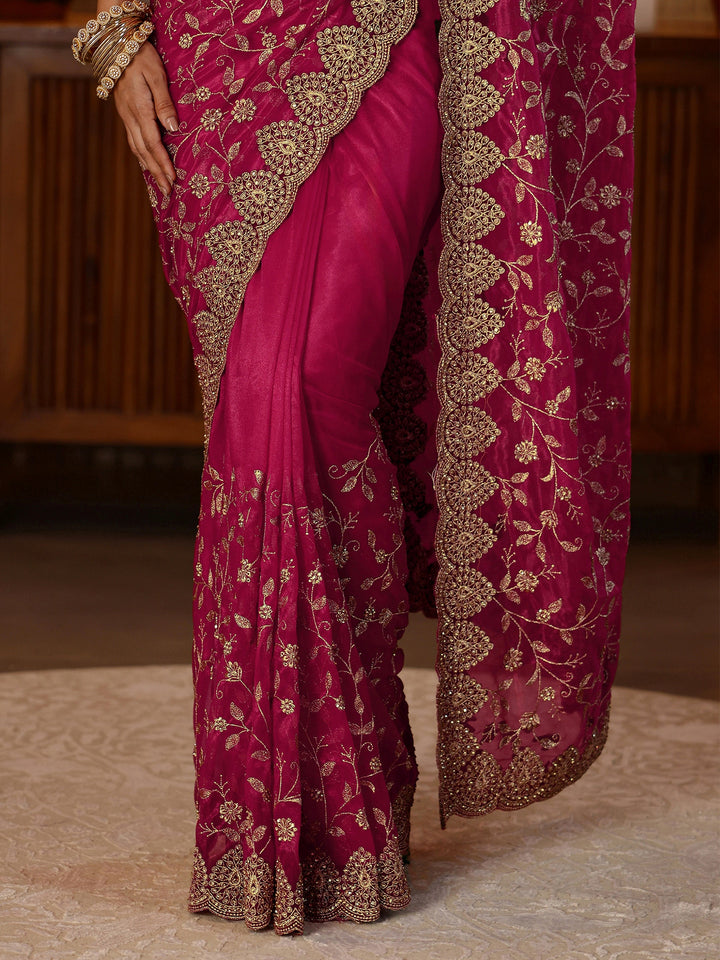 Libas Rani Pink Floral Embroidered Net Saree