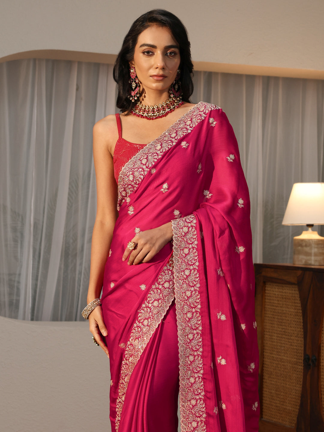 Rani Pink Floral Embroidered Chiffon Saree