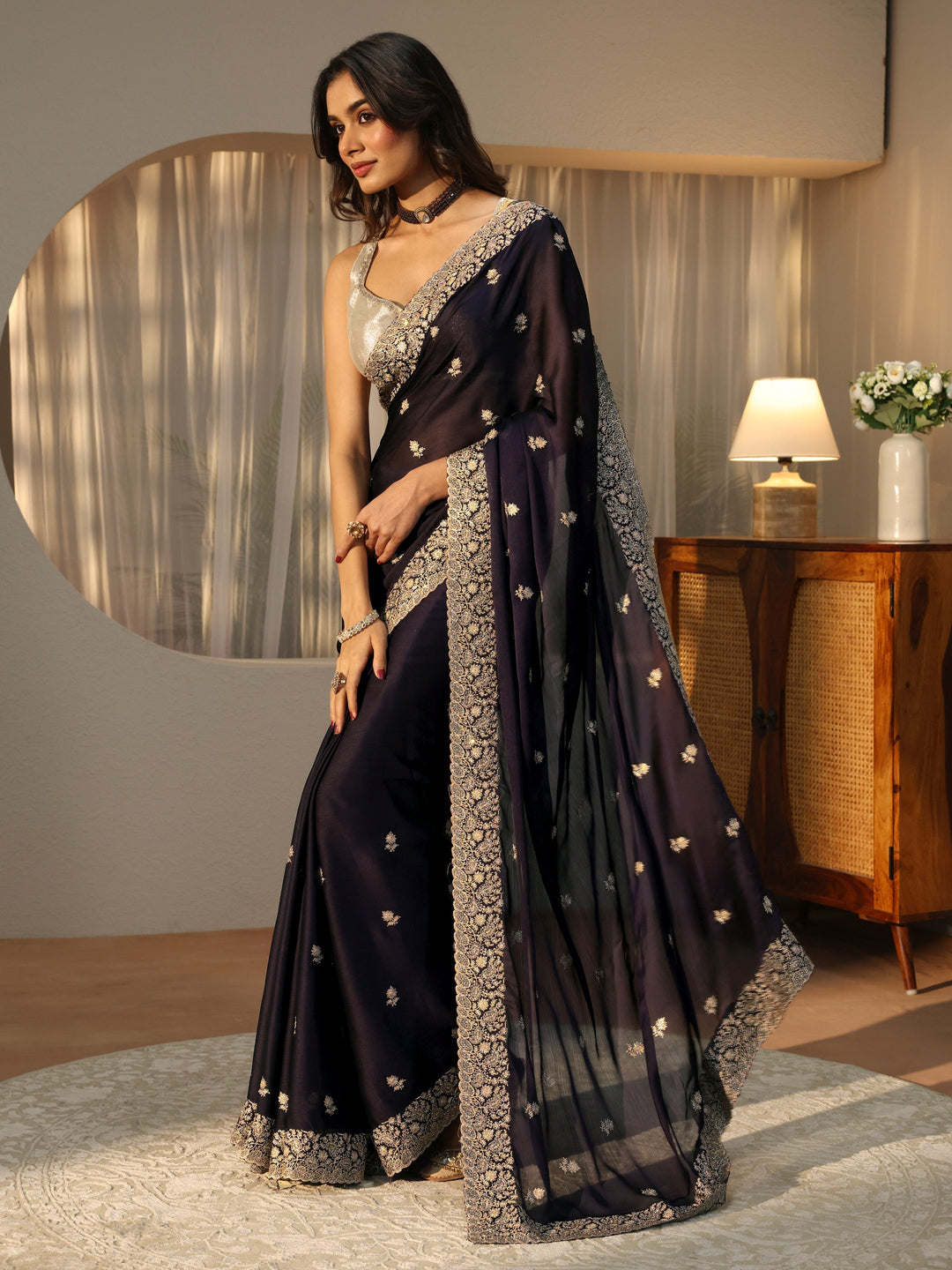Purple Floral Embroidered Chiffon Saree
