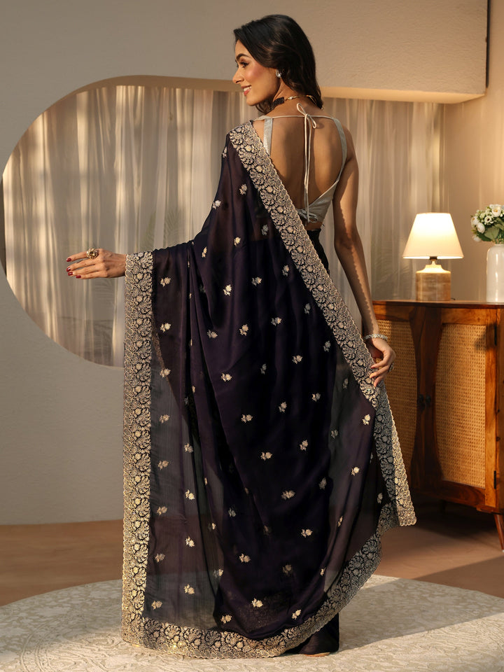 Purple Floral Embroidered Chiffon Saree