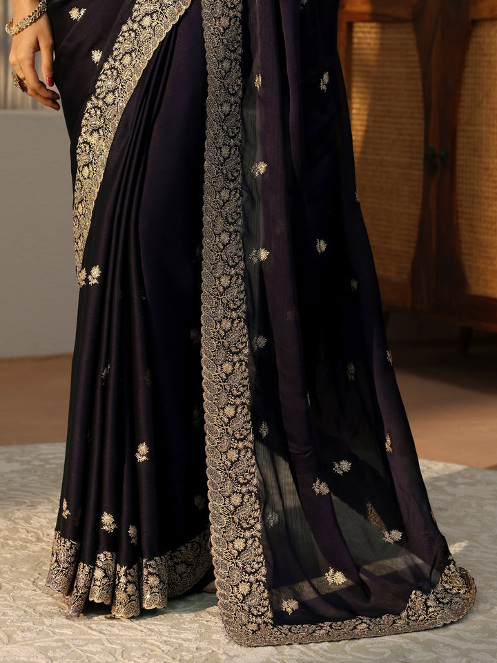Purple Floral Embroidered Chiffon Saree