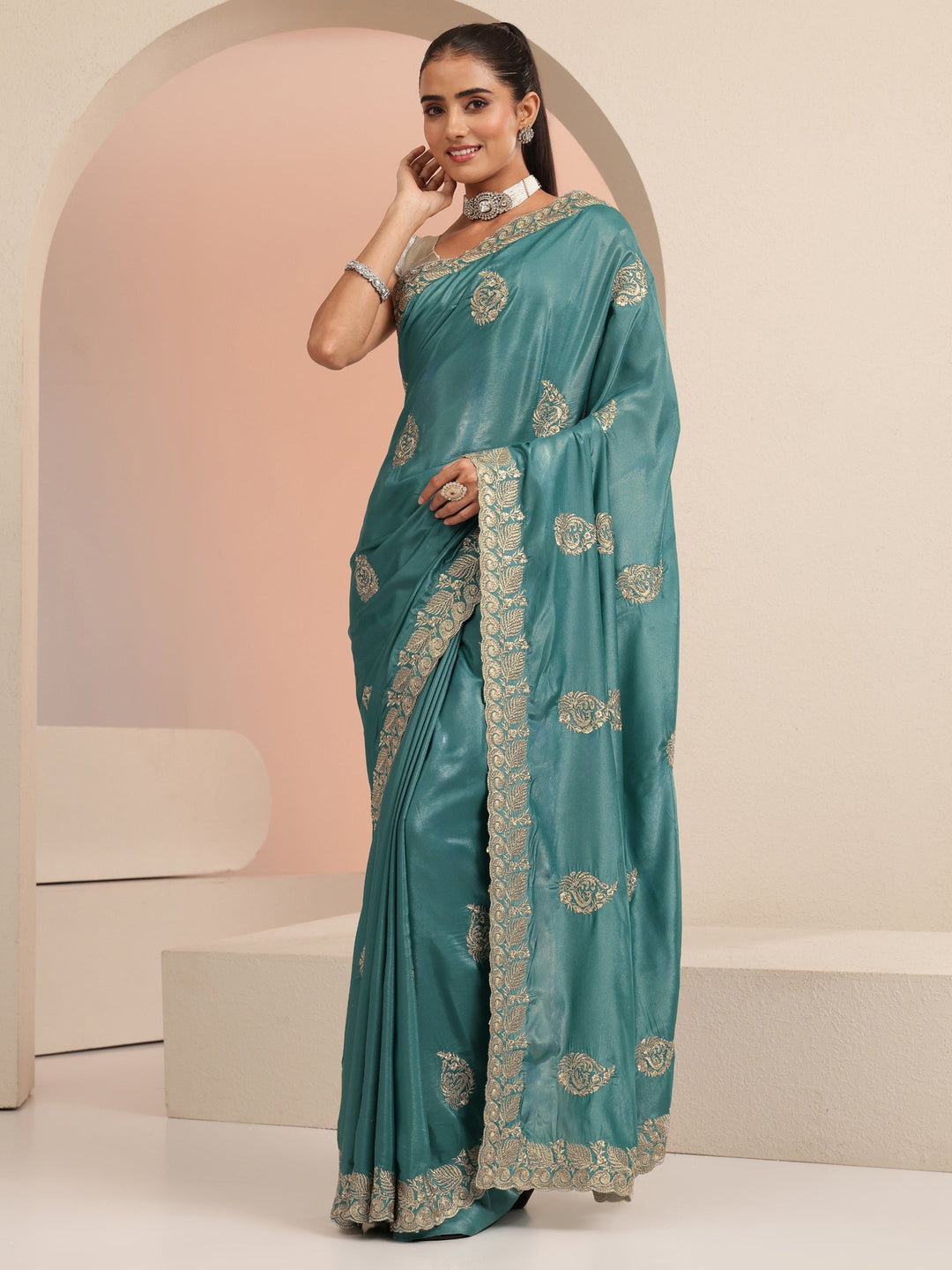 Libas Teal Blue Ethnic Embroidered Satin Saree
