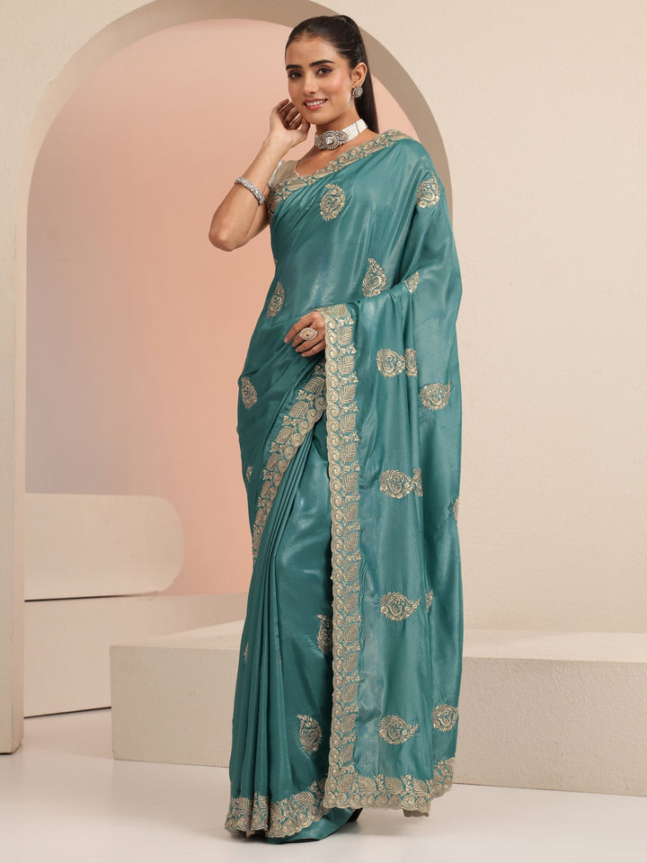 Libas Teal Blue Ethnic Embroidered Satin Saree