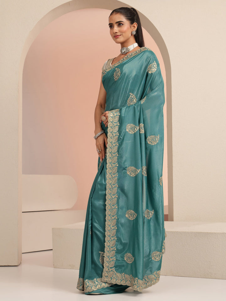 Libas Teal Blue Ethnic Embroidered Satin Saree