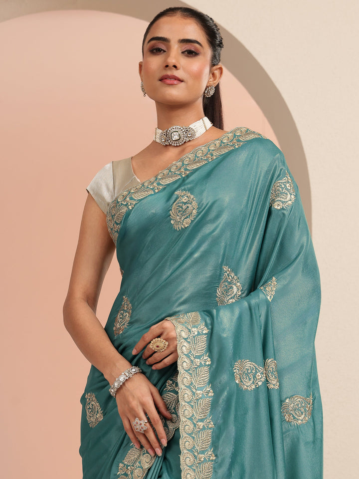 Libas Teal Blue Ethnic Embroidered Satin Saree