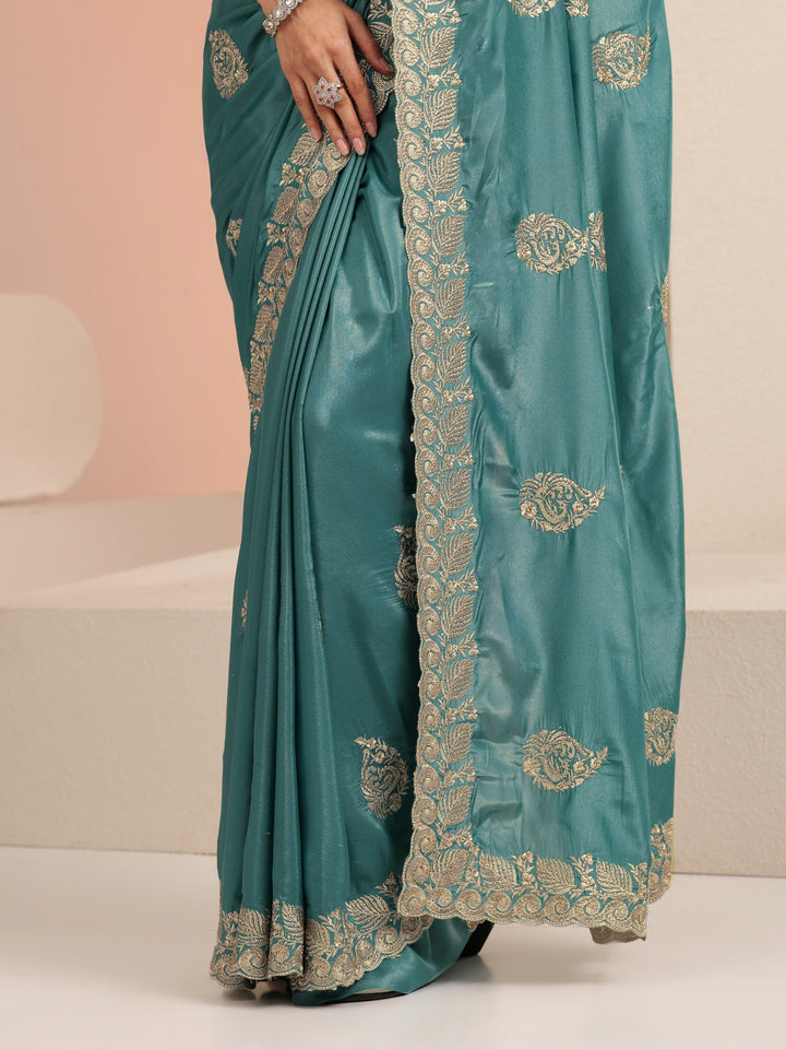 Libas Teal Blue Ethnic Embroidered Satin Saree