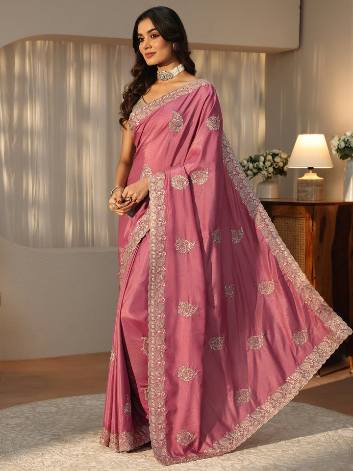 Mauve Floral Embroidered Satin Saree