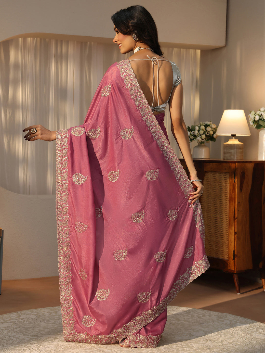 Mauve Floral Embroidered Satin Saree