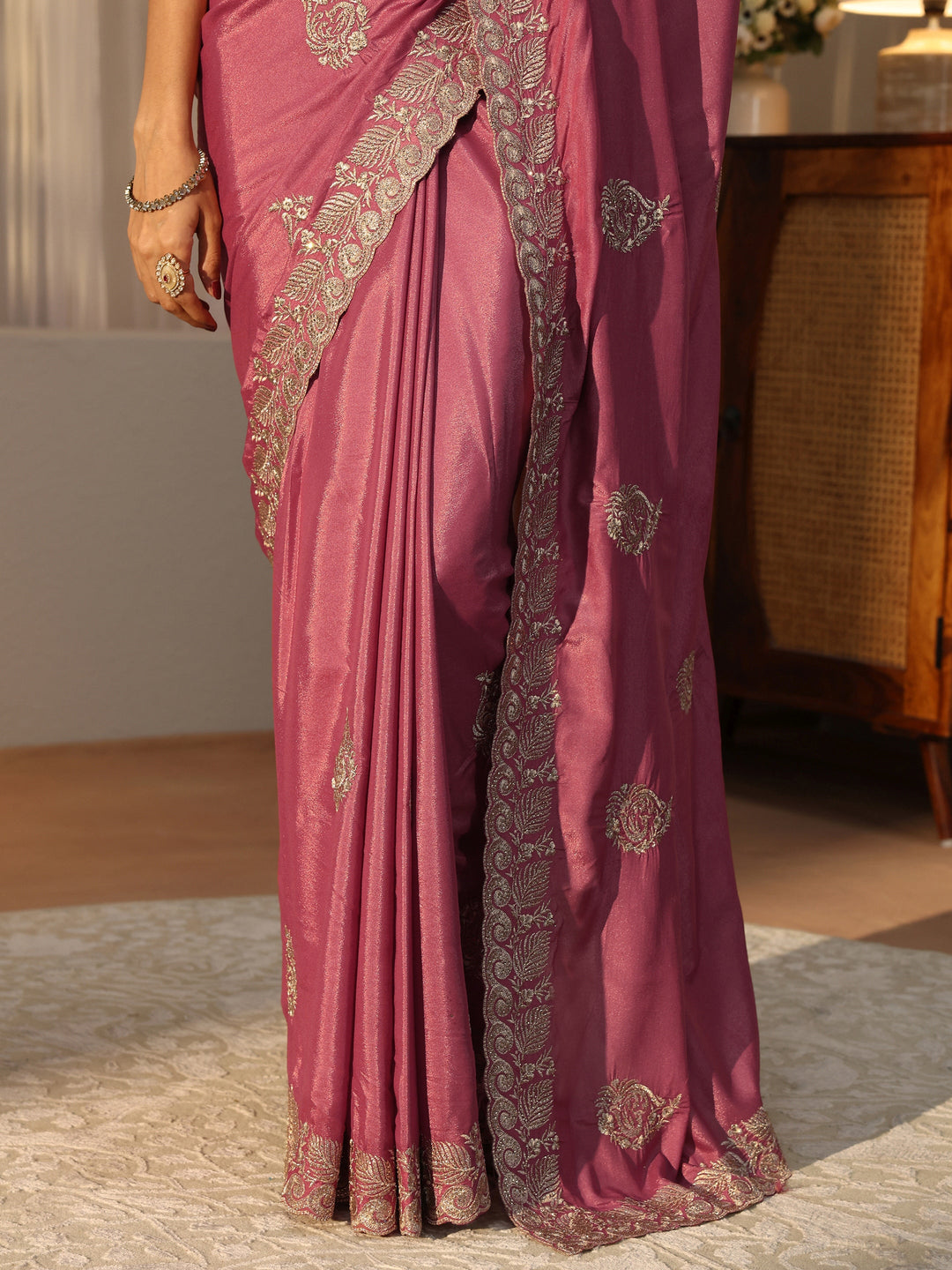 Mauve Floral Embroidered Satin Saree