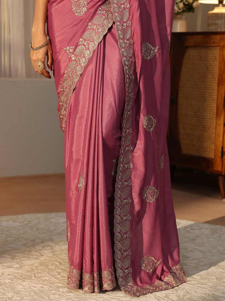 Mauve Floral Embroidered Satin Saree