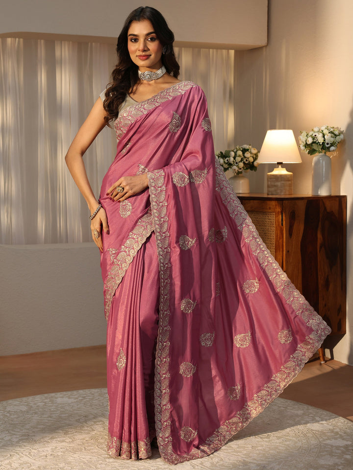Mauve Floral Embroidered Satin Saree