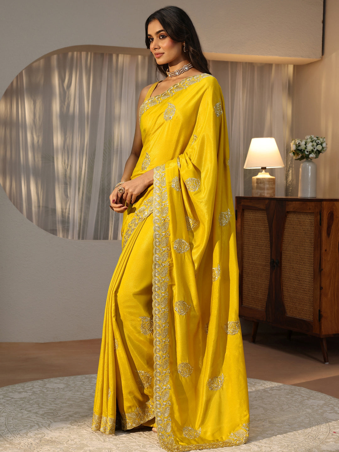 Mustard Floral Embroidered Satin Saree