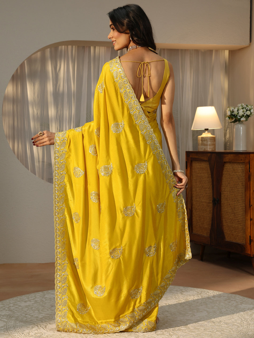 Mustard Floral Embroidered Satin Saree