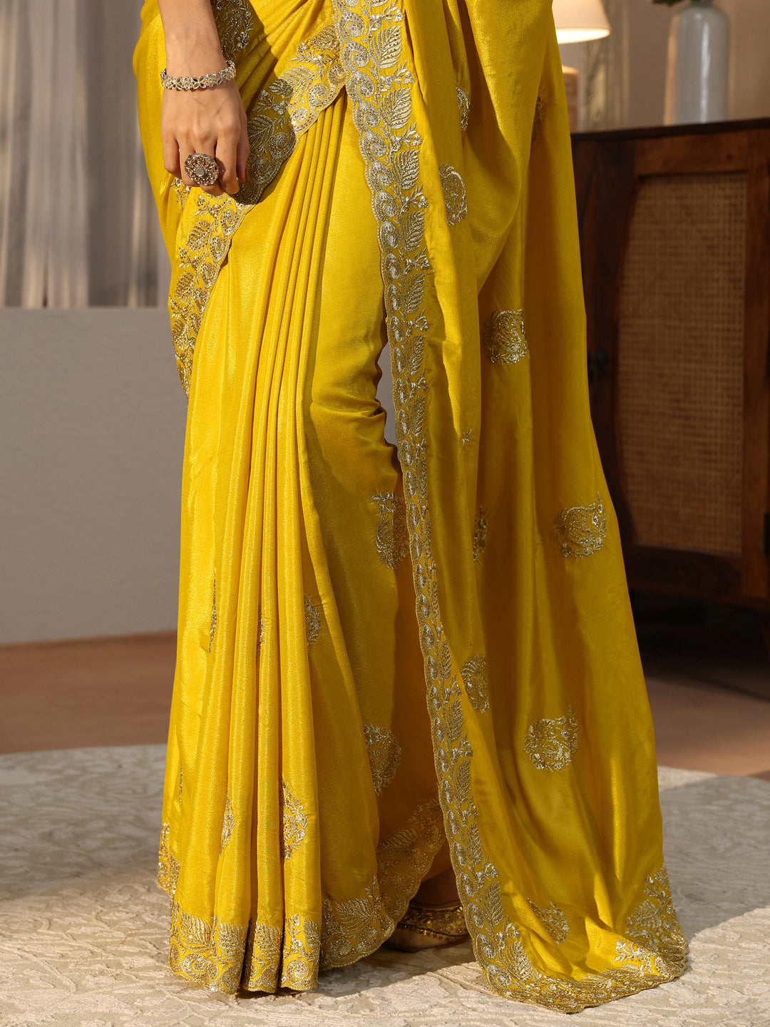 Mustard Floral Embroidered Satin Saree