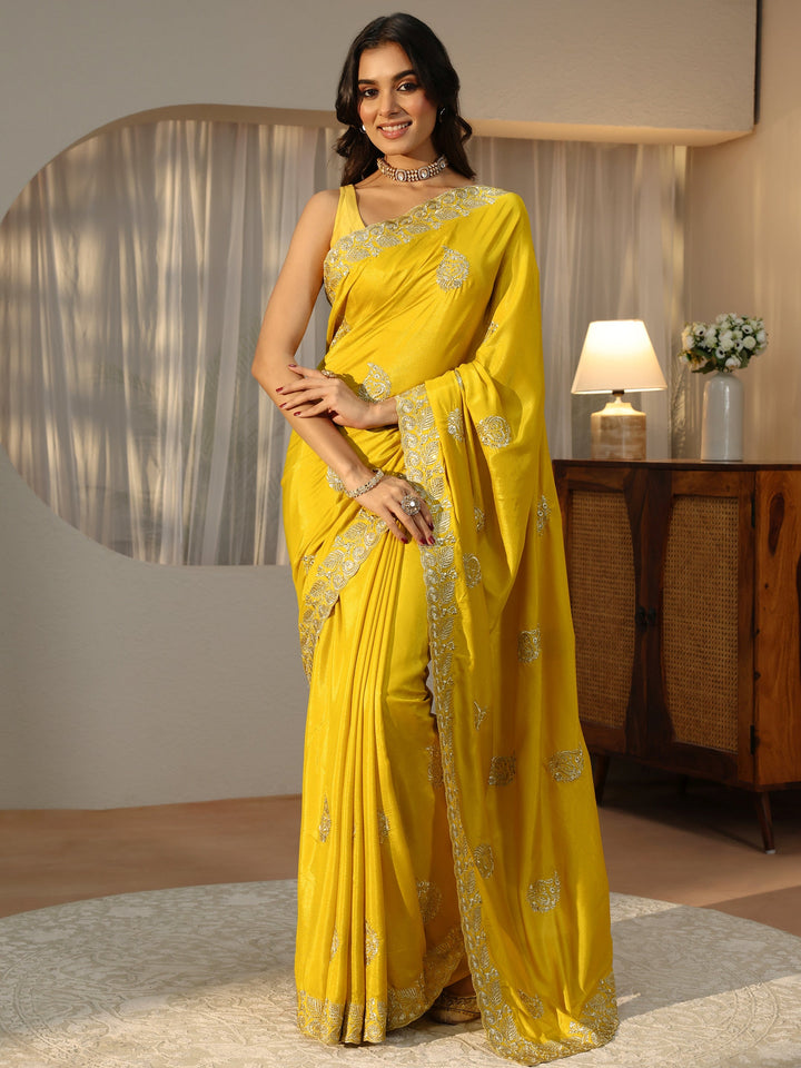 Mustard Floral Embroidered Satin Saree