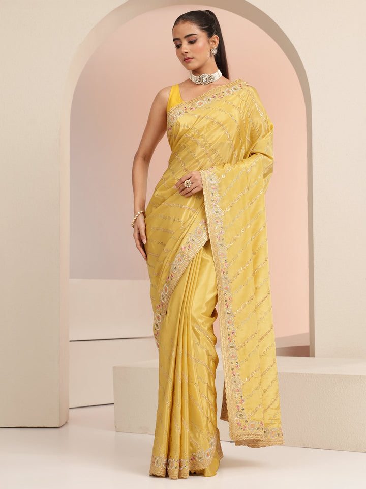 Libas Mustard Ethnic Embroidered Satin Saree