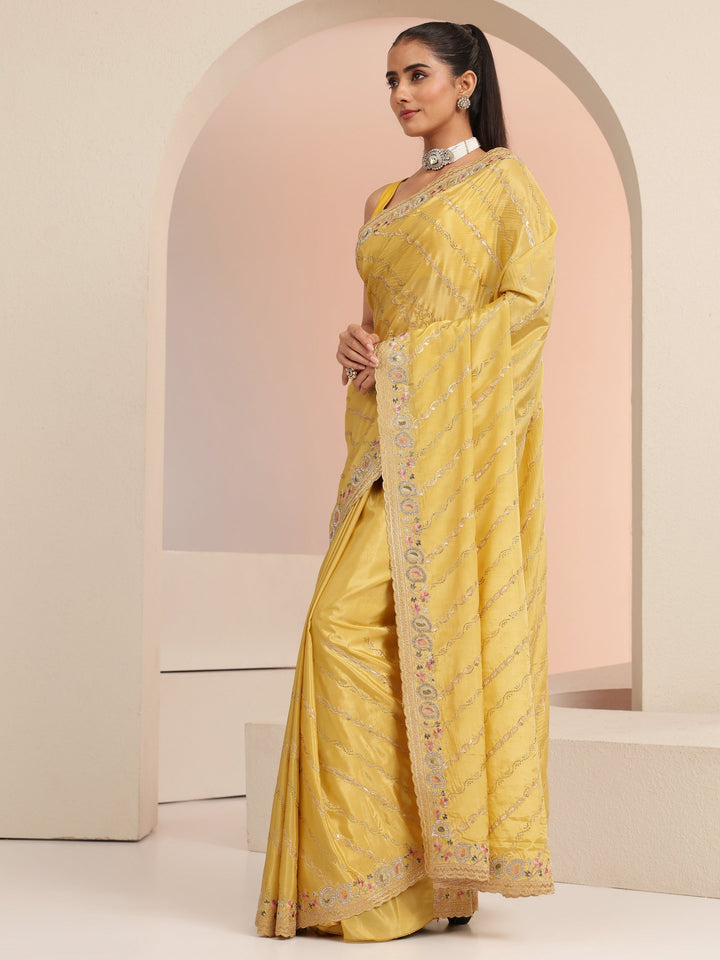 Libas Mustard Ethnic Embroidered Satin Saree