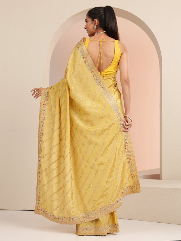 Libas Mustard Ethnic Embroidered Satin Saree