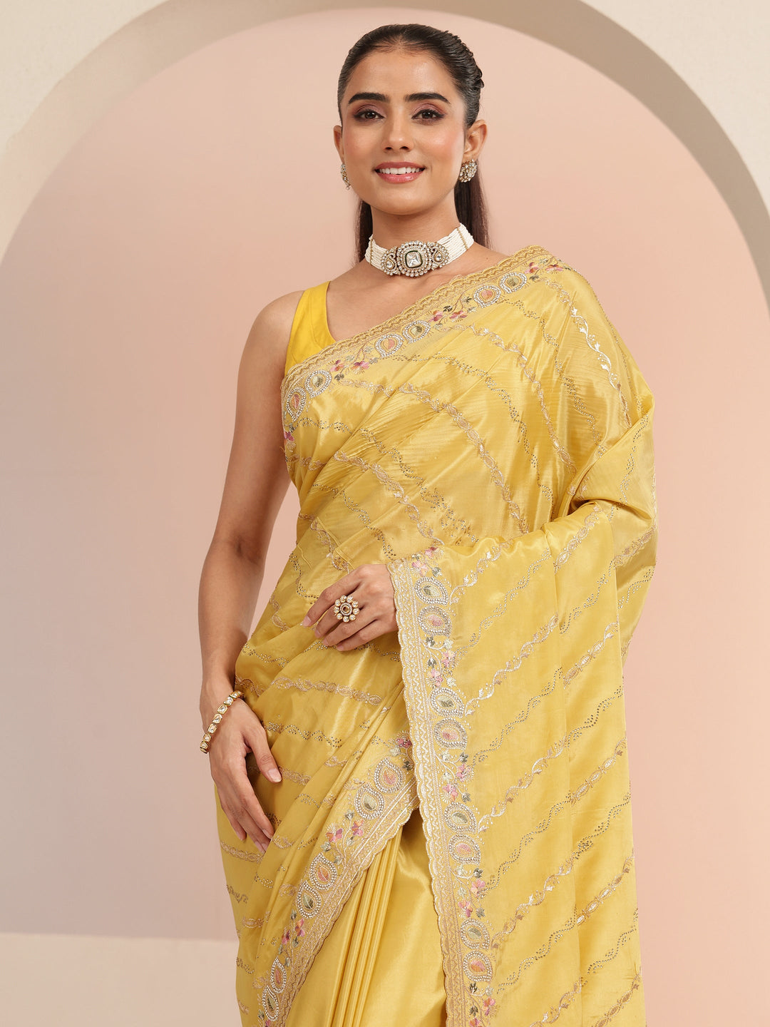 Libas Mustard Ethnic Embroidered Satin Saree