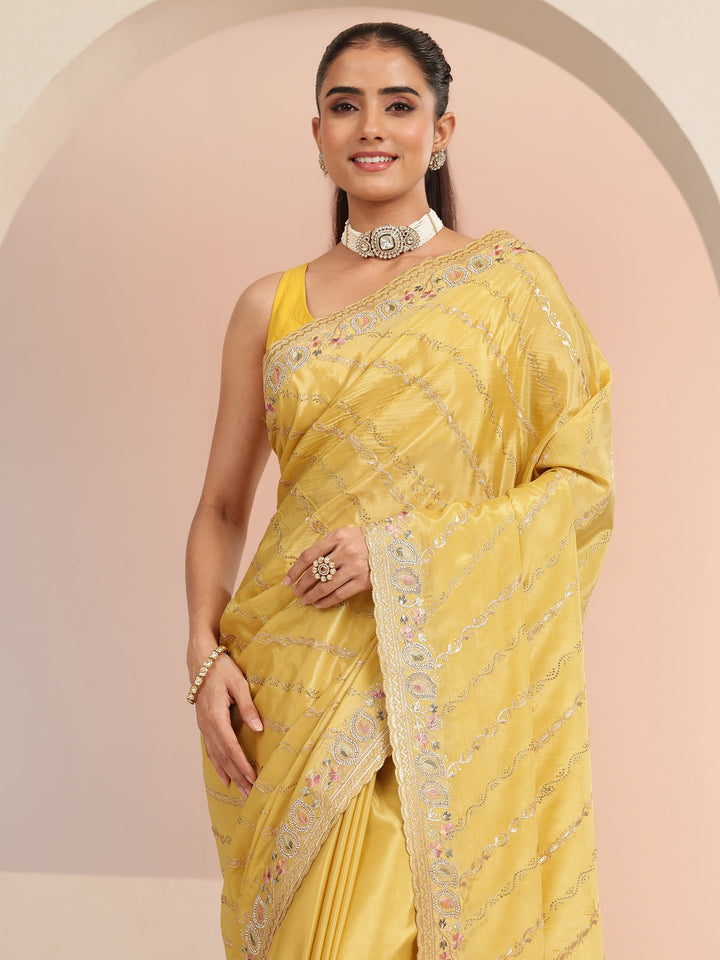 Libas Mustard Ethnic Embroidered Satin Saree