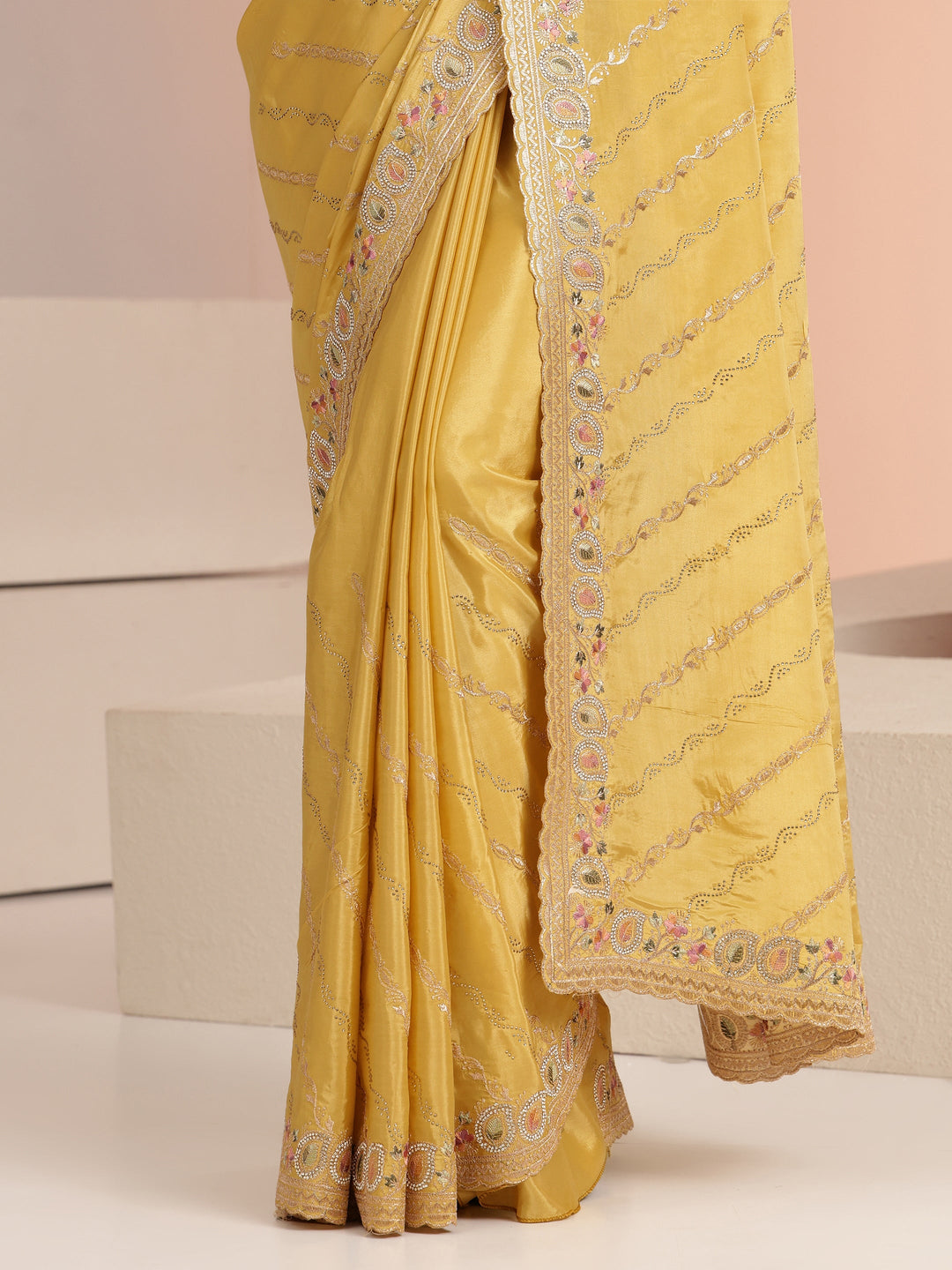 Libas Mustard Ethnic Embroidered Satin Saree