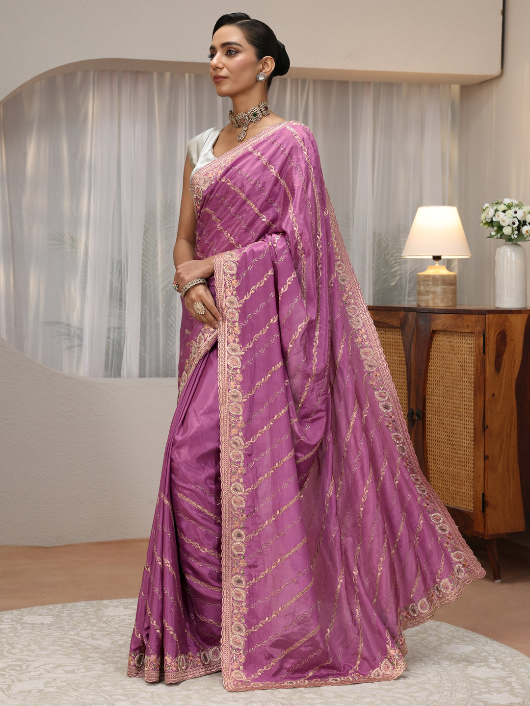 Mauve Ethnic Embroidered Satin Saree