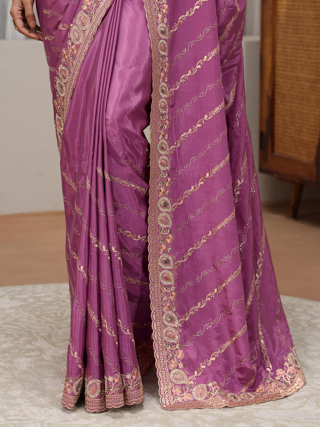 Mauve Ethnic Embroidered Satin Saree