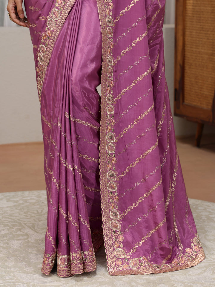Mauve Ethnic Embroidered Satin Saree