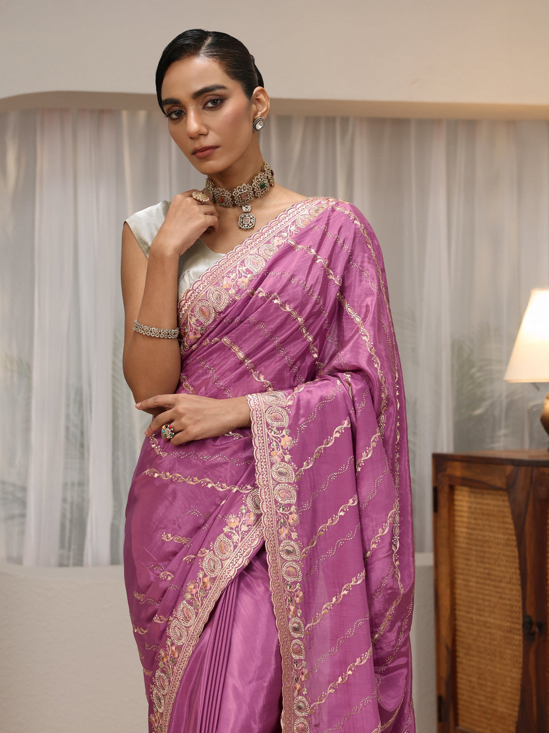 Mauve Ethnic Embroidered Satin Saree
