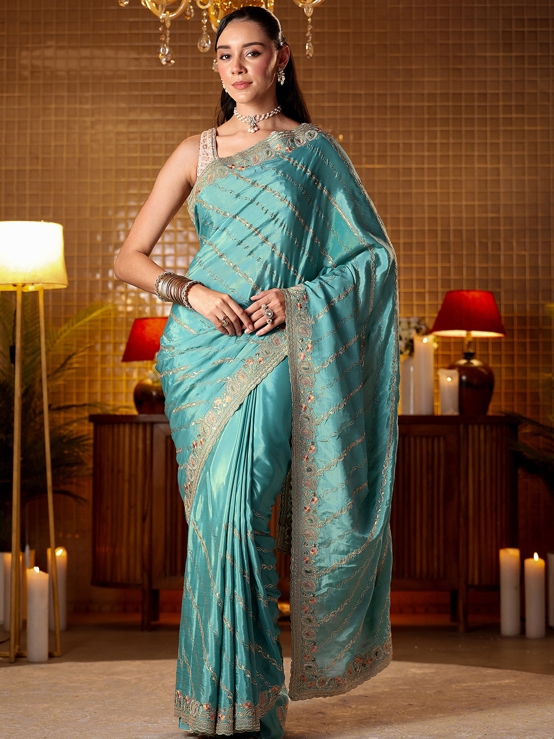 Libas Blue Ethnic Motif Embroidered Satin Saree