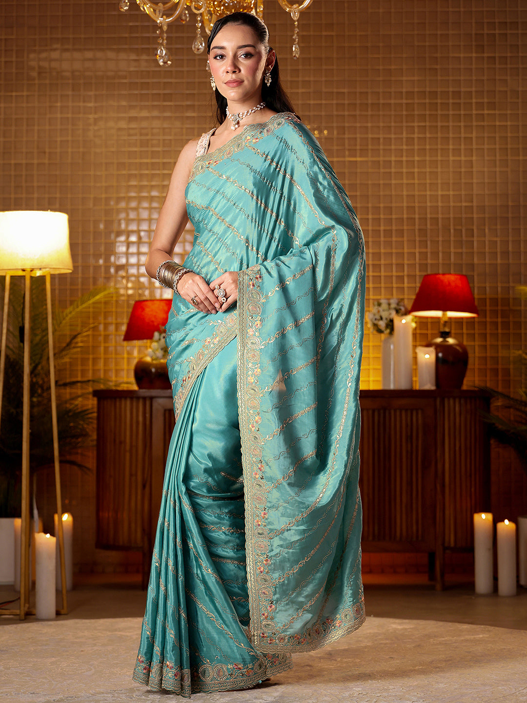 Libas Blue Ethnic Motif Embroidered Satin Saree