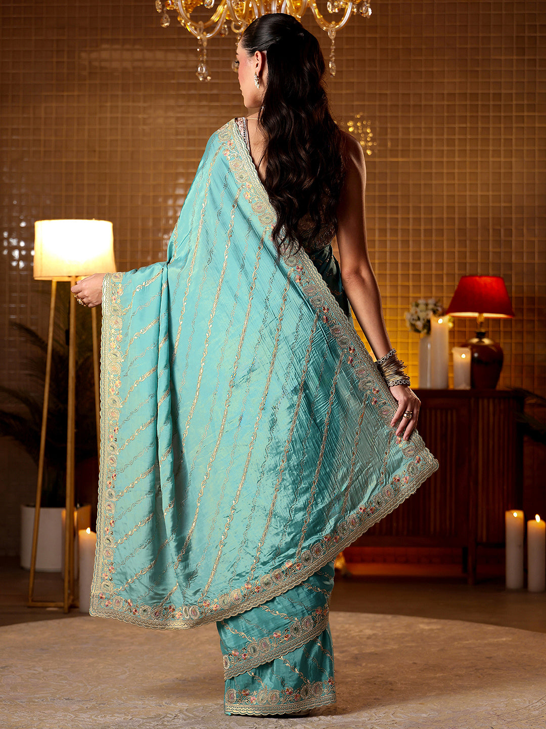 Libas Blue Ethnic Motif Embroidered Satin Saree