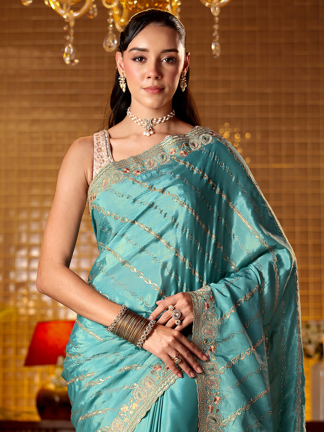 Libas Blue Ethnic Motif Embroidered Satin Saree