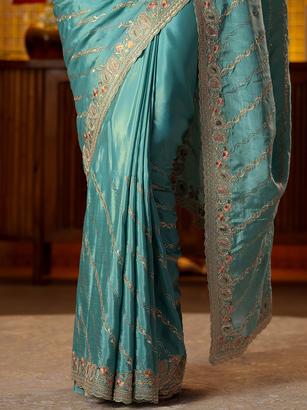 Libas Blue Ethnic Motif Embroidered Satin Saree