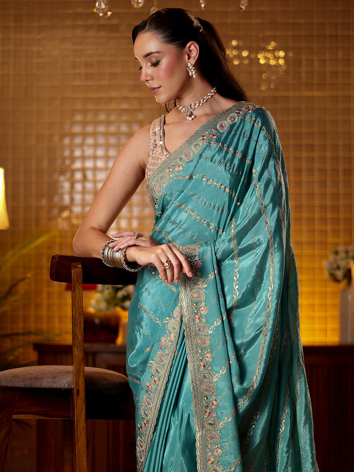 Libas Blue Ethnic Motif Embroidered Satin Saree