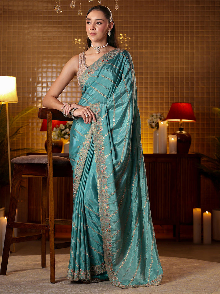 Libas Blue Ethnic Motif Embroidered Satin Saree