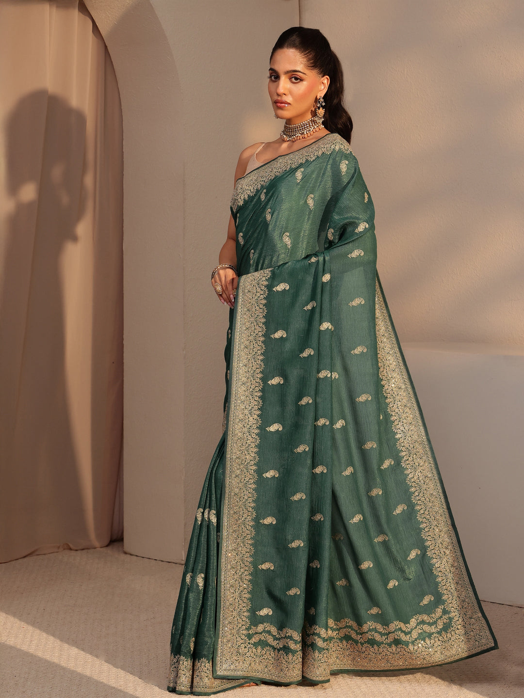 Libas Bottle Green Ethnic Embroidered Chiffon Saree