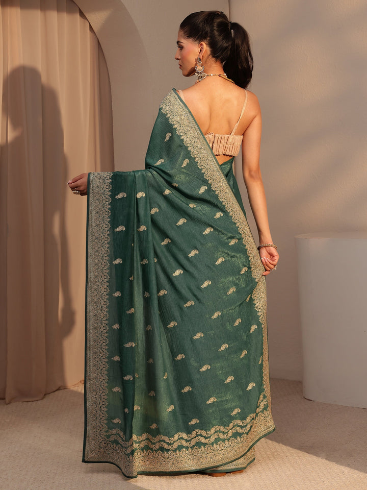 Libas Bottle Green Ethnic Embroidered Chiffon Saree