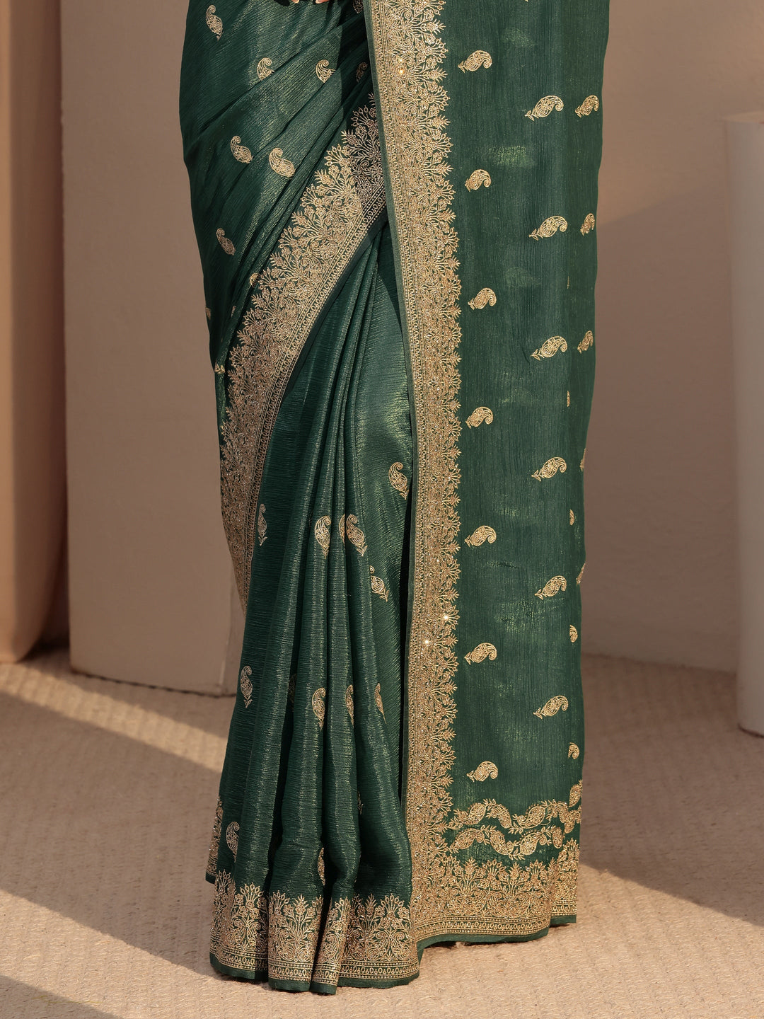 Libas Bottle Green Ethnic Embroidered Chiffon Saree