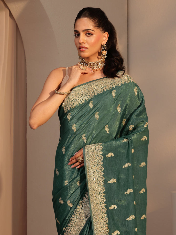 Libas Bottle Green Ethnic Embroidered Chiffon Saree