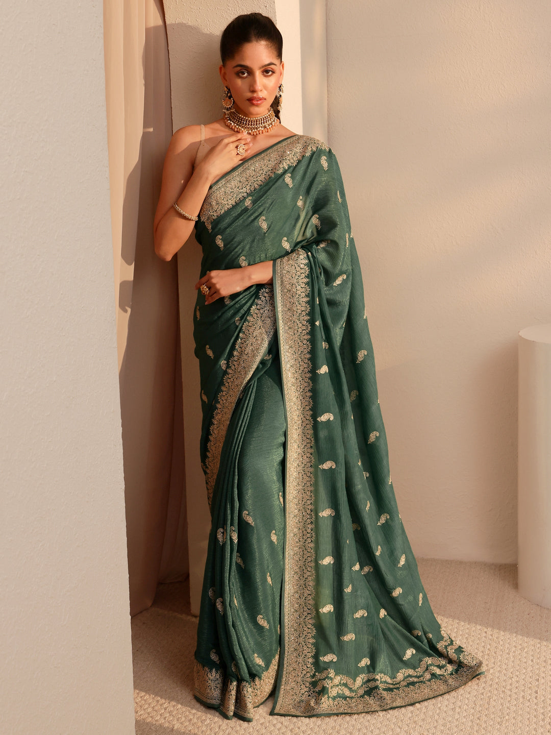 Libas Bottle Green Ethnic Embroidered Chiffon Saree