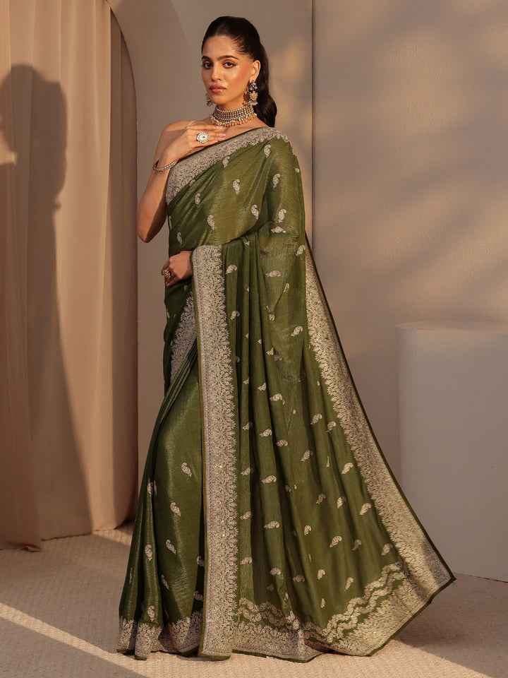 Libas Olive Green Ethnic Embroidered Chiffon Saree