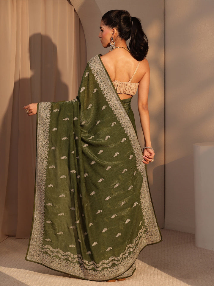Libas Olive Green Ethnic Embroidered Chiffon Saree