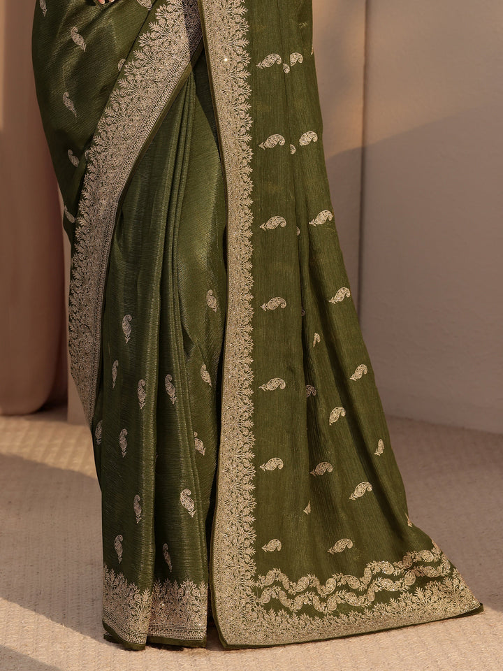 Libas Olive Green Ethnic Embroidered Chiffon Saree