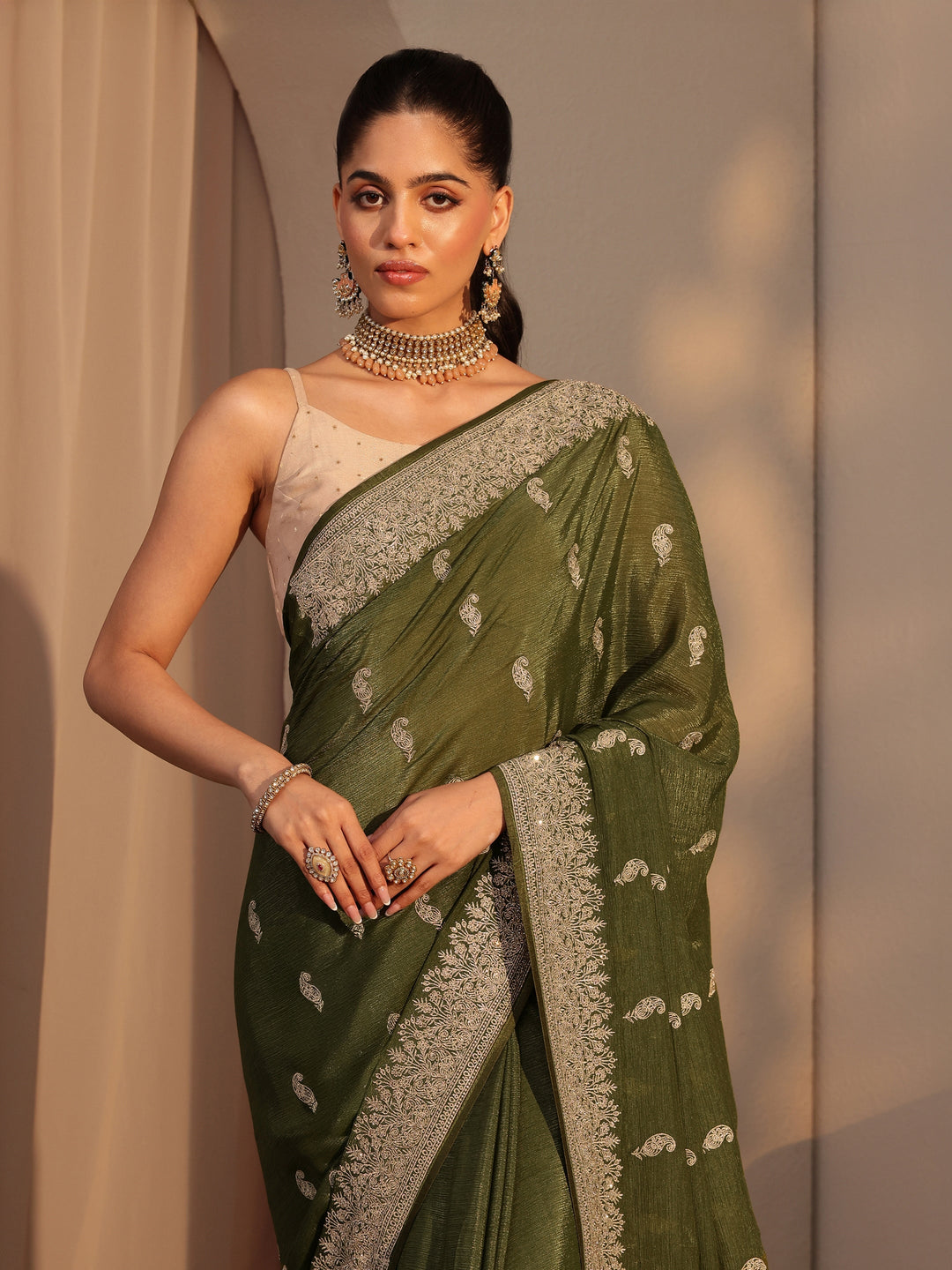 Libas Olive Green Ethnic Embroidered Chiffon Saree