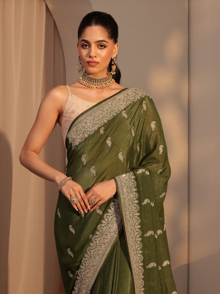 Libas Olive Green Ethnic Embroidered Chiffon Saree