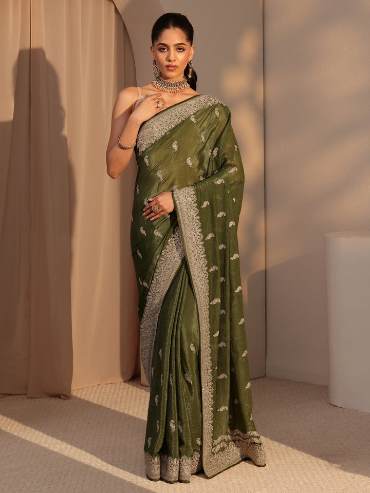 Libas Olive Green Ethnic Embroidered Chiffon Saree